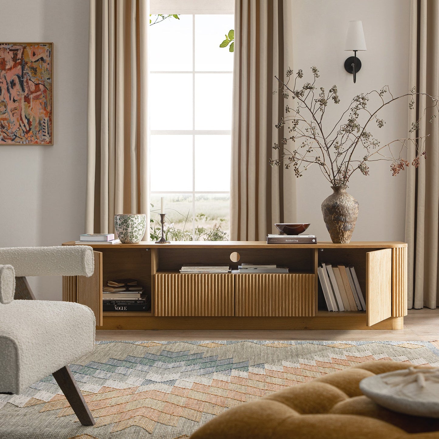 Meuble TV Maru 200 cm de large avec tiroirs, chêne