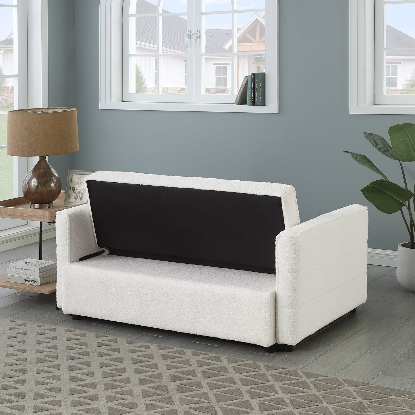 Canapé-lit convertible deux places en tissu bouclé beige 55,12 avec dossier réglable et 2 coussins lombaires pour salon