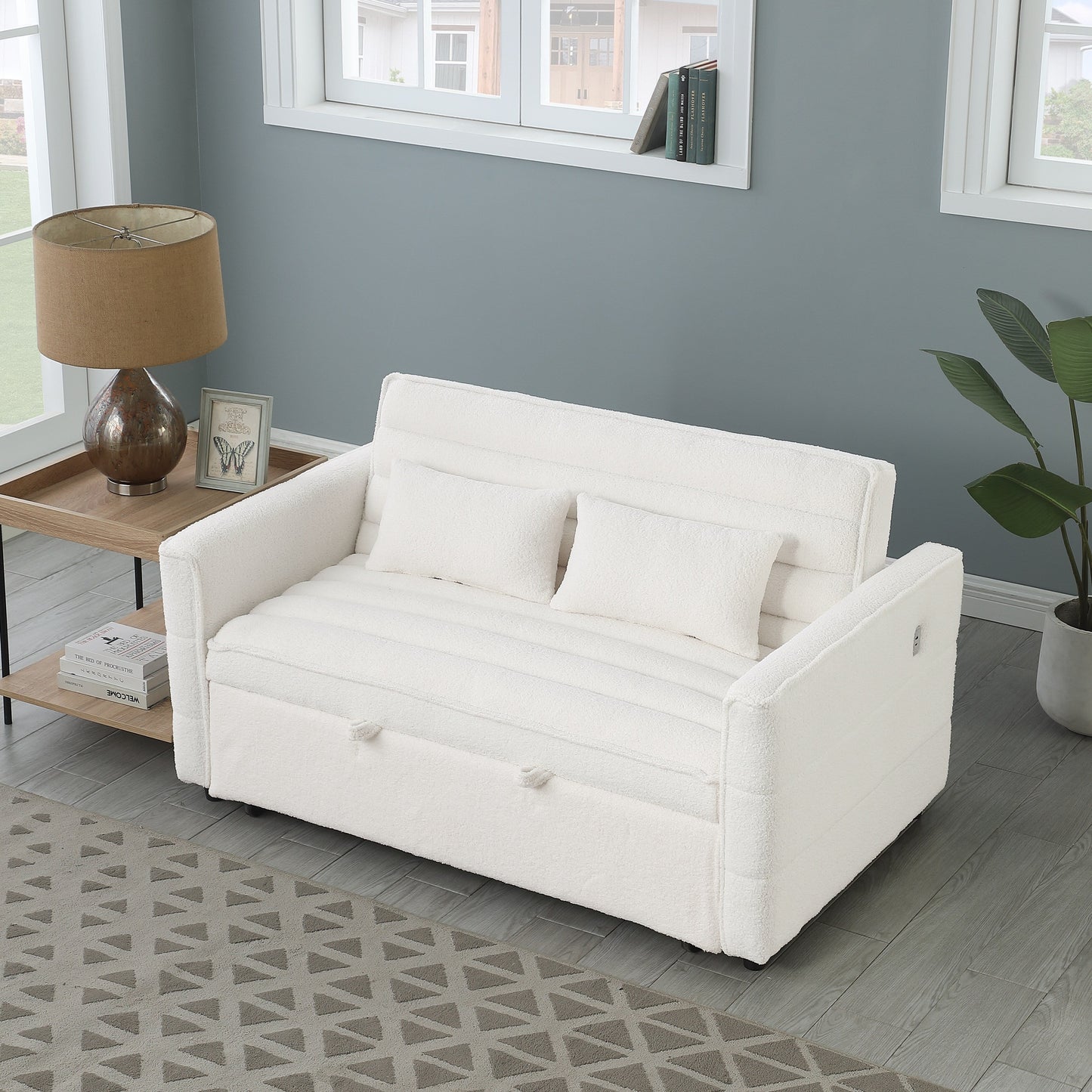 Canapé-lit convertible deux places en tissu bouclé beige 55,12 avec dossier réglable et 2 coussins lombaires pour salon