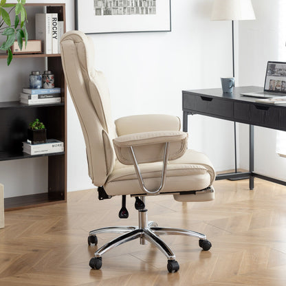 Fauteuil de bureau ergonomique pivotant à 360° en cuir reconstitué beige, dossier haut, soutien lombaire, repose-pieds et hauteur réglable.