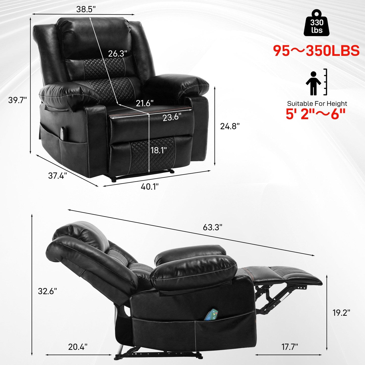 Fauteuil inclinable manuel marron avec massage en 8 points, fonction chauffante et structure robuste pour un confort optimal au salon