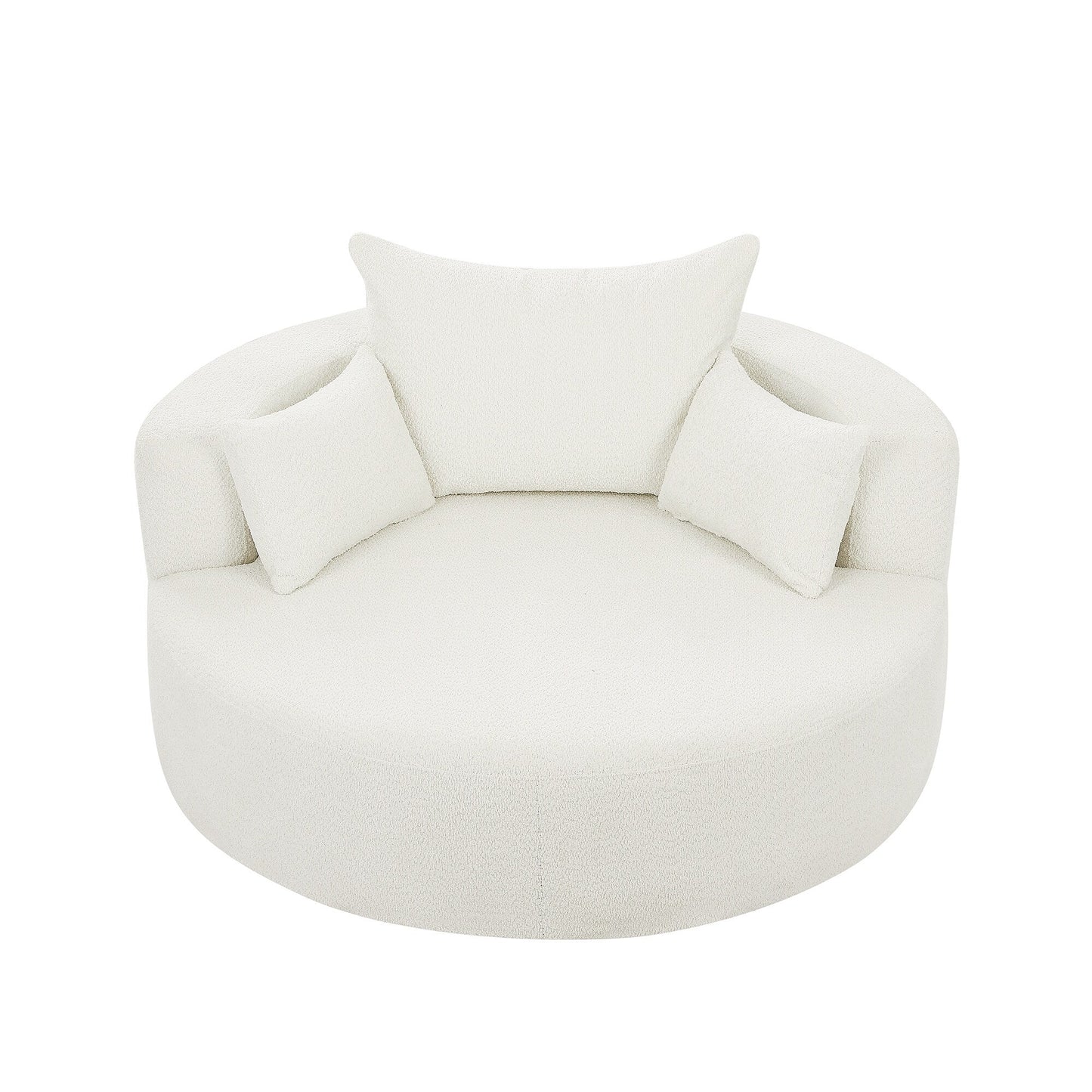 Fauteuil lounge rond en chenille, avec accoudoirs et base pivotante à 360° et 3 coussins amovibles