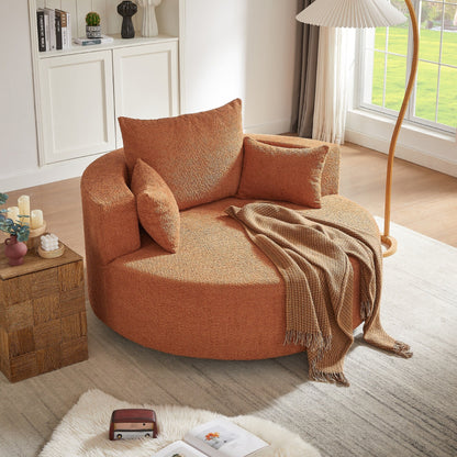 Fauteuil lounge rond en chenille, avec accoudoirs et base pivotante à 360° et 3 coussins amovibles