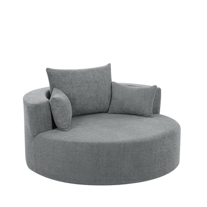 Fauteuil lounge rond en chenille, avec accoudoirs et base pivotante à 360° et 3 coussins amovibles