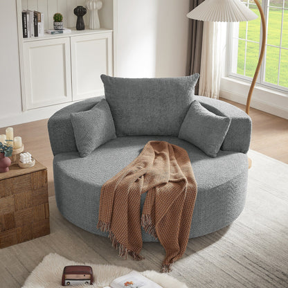 Fauteuil lounge rond en chenille, avec accoudoirs et base pivotante à 360° et 3 coussins amovibles