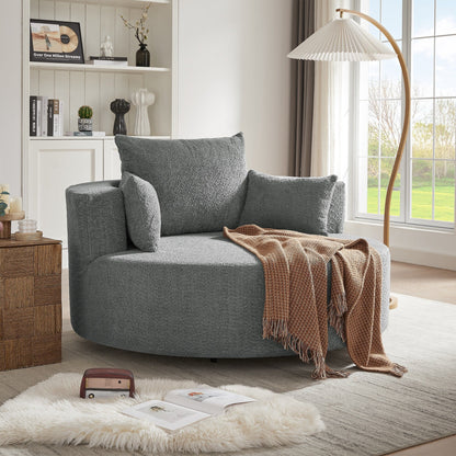 Fauteuil lounge rond en chenille, avec accoudoirs et base pivotante à 360° et 3 coussins amovibles