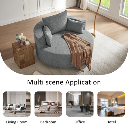 Fauteuil lounge rond en chenille, avec accoudoirs et base pivotante à 360° et 3 coussins amovibles