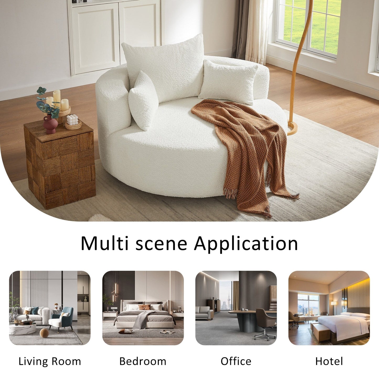 Fauteuil lounge rond en chenille, avec accoudoirs et base pivotante à 360° et 3 coussins amovibles