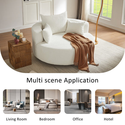 Fauteuil lounge rond en chenille, avec accoudoirs et base pivotante à 360° et 3 coussins amovibles