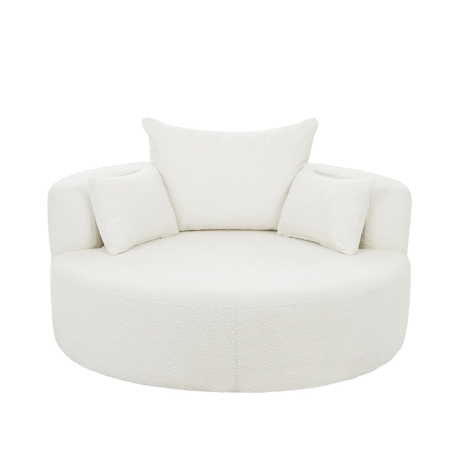 Fauteuil lounge rond en chenille, avec accoudoirs et base pivotante à 360° et 3 coussins amovibles