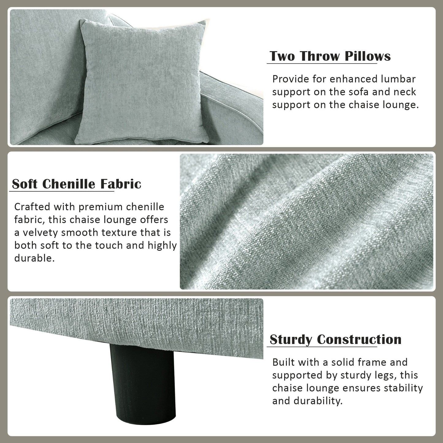 Canapé-lit méridienne en chenille, canapé rembourré avec dossier capitonné et 2 coussins amovibles pour salon