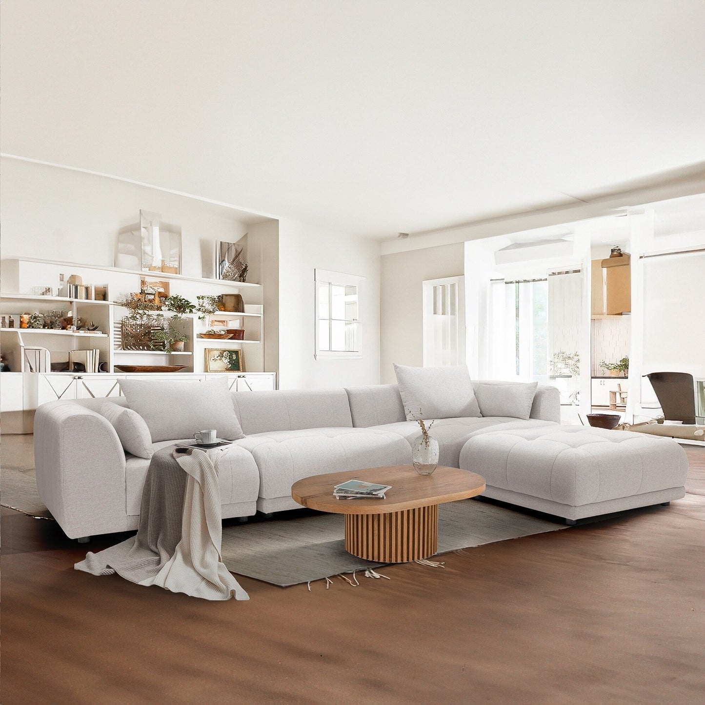 Canapé d'angle modulaire Cloud 144 avec pouf - Canapé de salon en tissu chenille moelleux