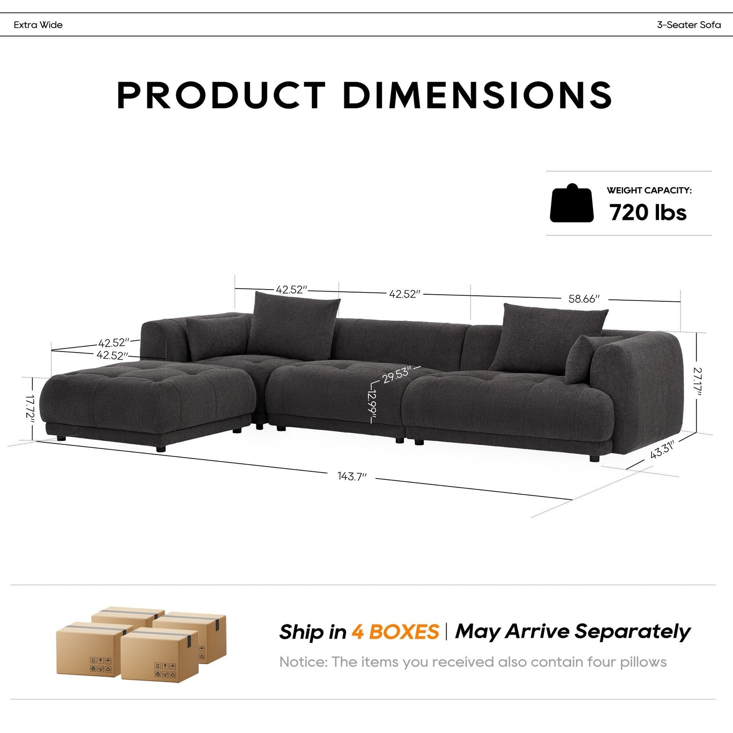 Canapé d'angle modulaire Cloud 144 avec pouf - Canapé de salon en tissu chenille moelleux