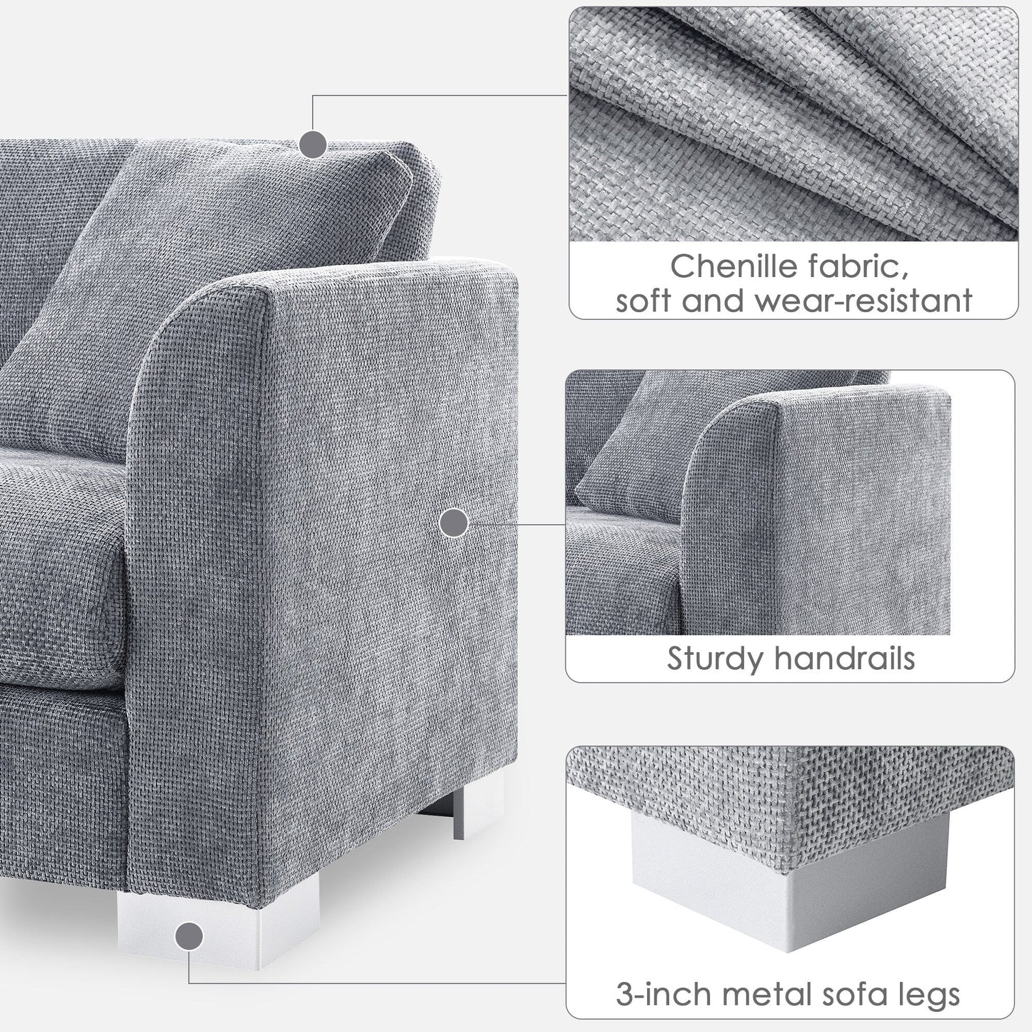 Canapé d'angle Cloud, ensemble de canapé de luxe en forme de L avec 2 coussins offerts, mobilier d'intérieur 4 places en chenille avec méridienne surdimensionnée