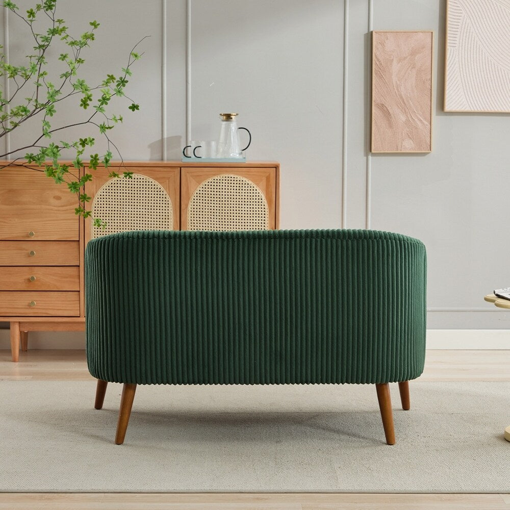 Canapé 2 places recouvert de tissu velours côtelé avec pieds en noyer