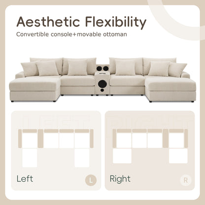 Canapé d'angle en velours côtelé avec haut-parleurs Bluetooth, chargeur USB, porte-gobelets, rangement, pouf et assise profonde et large.