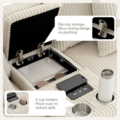 Canapé d'angle en velours côtelé avec haut-parleurs Bluetooth, chargeur USB, porte-gobelets, rangement, pouf et assise profonde et large.