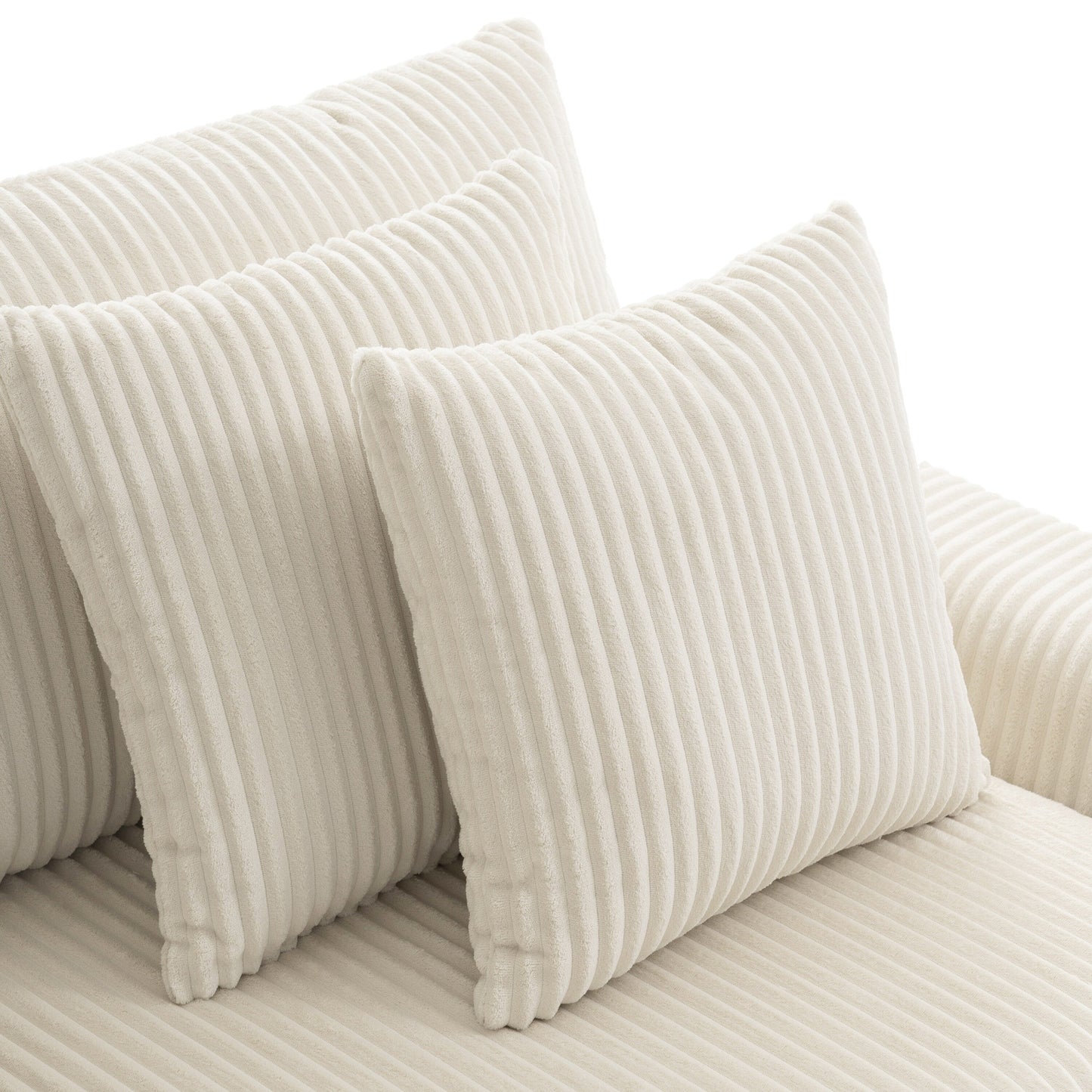 Canapé d'angle en velours côtelé avec haut-parleurs Bluetooth, chargeur USB, porte-gobelets, rangement, pouf et assise profonde et large.