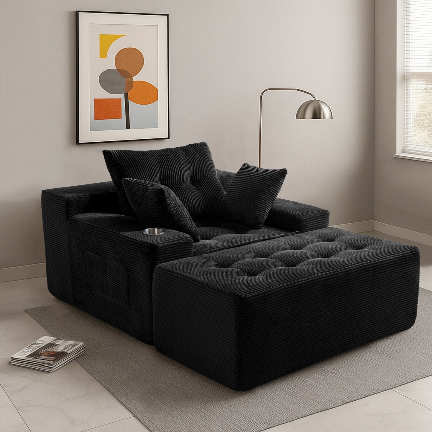 Canapé en velours côtelé avec pouf intégré et mousse à mémoire de forme - 123 cm (L) x 172 cm (l) x 62 cm (H)