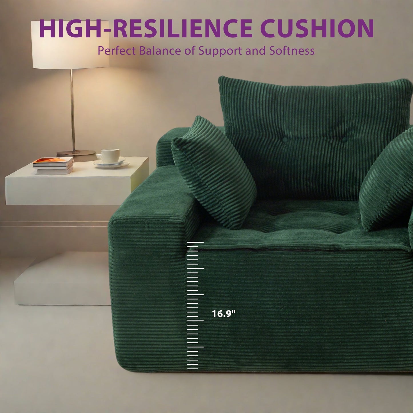 Canapé en velours côtelé avec pouf intégré et mousse à mémoire de forme - 123 cm (L) x 172 cm (l) x 62 cm (H)