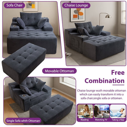 Canapé en velours côtelé avec pouf intégré et mousse à mémoire de forme - 123 cm (L) x 172 cm (l) x 62 cm (H)