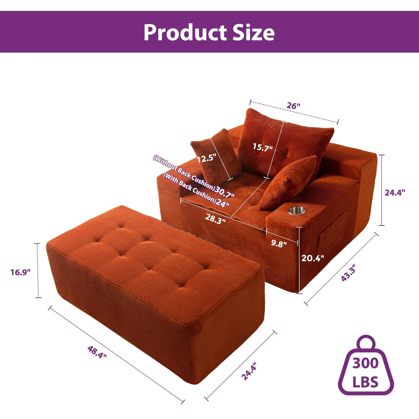 Canapé en velours côtelé avec pouf intégré et mousse à mémoire de forme - 123 cm (L) x 172 cm (l) x 62 cm (H)