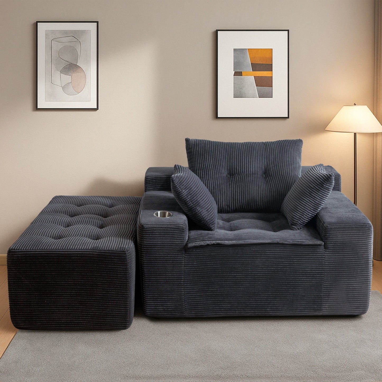 Canapé en velours côtelé avec pouf intégré et mousse à mémoire de forme - 123 cm (L) x 172 cm (l) x 62 cm (H)