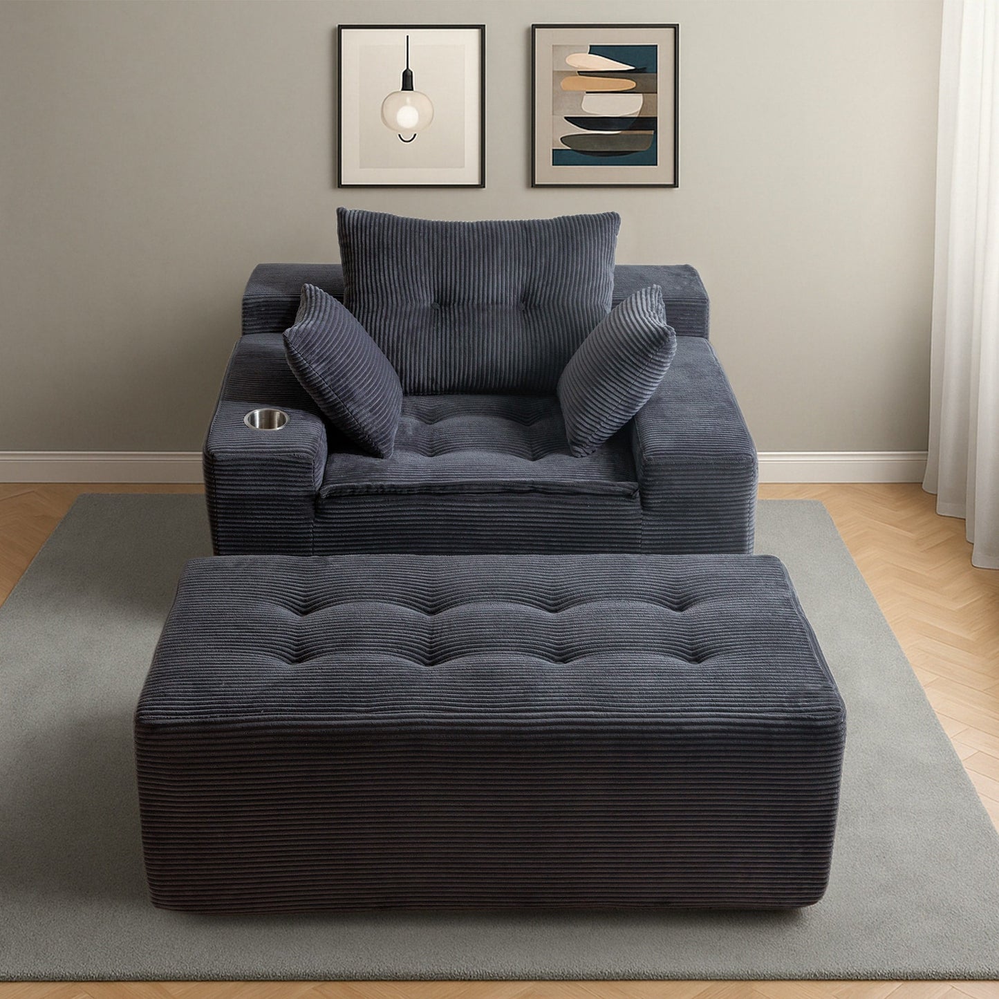 Canapé en velours côtelé avec pouf intégré et mousse à mémoire de forme - 123 cm (L) x 172 cm (l) x 62 cm (H)