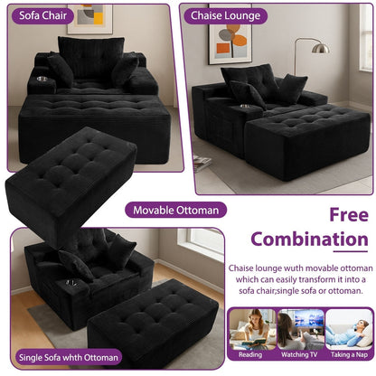 Canapé en velours côtelé avec pouf intégré et mousse à mémoire de forme - 123 cm (L) x 172 cm (l) x 62 cm (H)