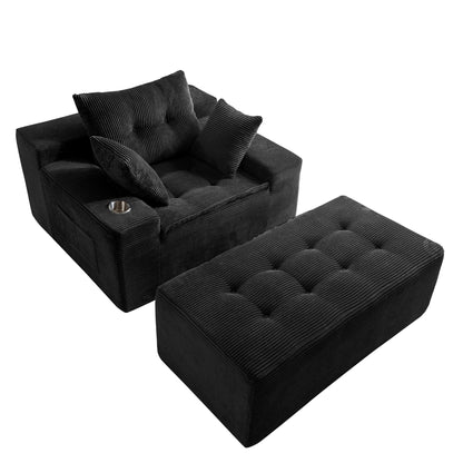 Canapé en velours côtelé avec pouf intégré et mousse à mémoire de forme - 123 cm (L) x 172 cm (l) x 62 cm (H)