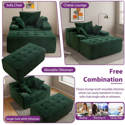 Canapé en velours côtelé avec pouf intégré et mousse à mémoire de forme - 123 cm (L) x 172 cm (l) x 62 cm (H)