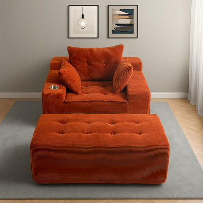 Canapé en velours côtelé avec pouf intégré et mousse à mémoire de forme - 123 cm (L) x 172 cm (l) x 62 cm (H)