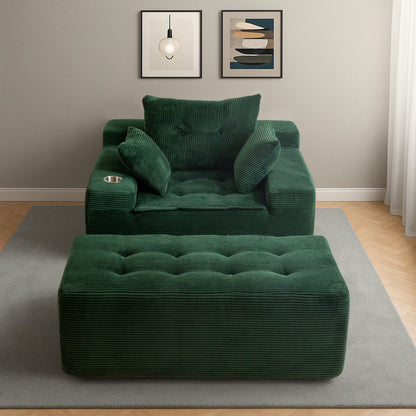 Canapé en velours côtelé avec pouf intégré et mousse à mémoire de forme - 123 cm (L) x 172 cm (l) x 62 cm (H)