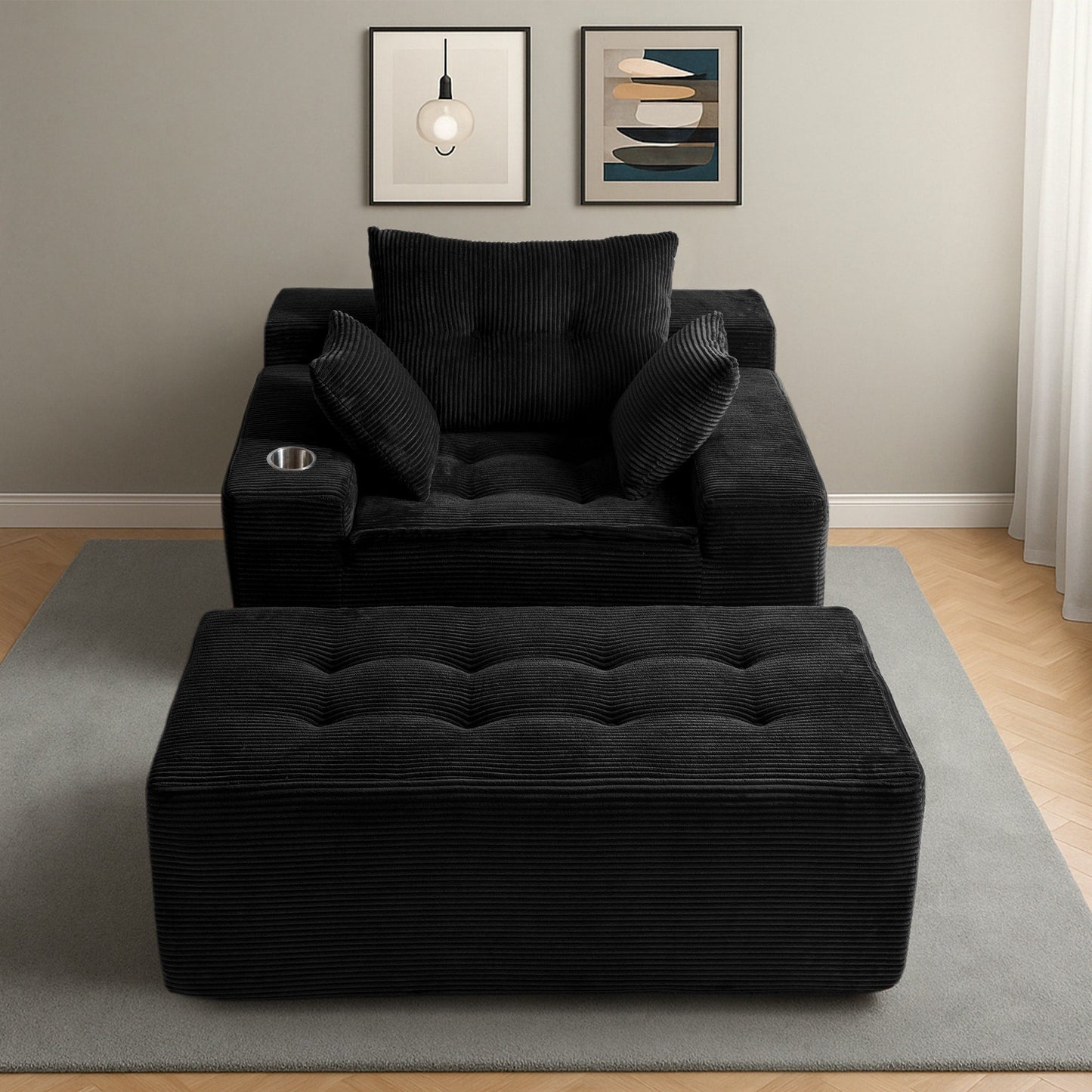 Canapé en velours côtelé avec pouf intégré et mousse à mémoire de forme - 123 cm (L) x 172 cm (l) x 62 cm (H)