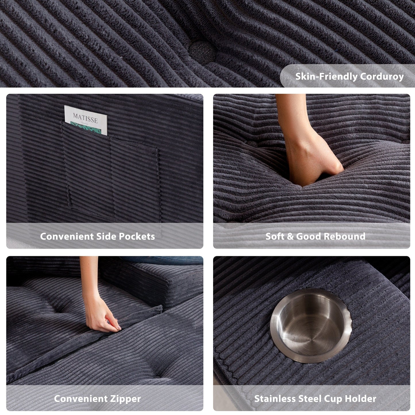 Canapé en velours côtelé avec pouf intégré et mousse à mémoire de forme - 123 cm (L) x 172 cm (l) x 62 cm (H)