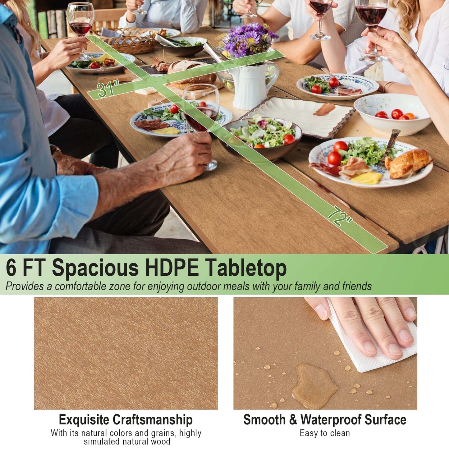 Ensemble table et banc de pique-nique Costway 1,8 m (6 pi) en PEHD robuste pour l'extérieur - Voir les détails