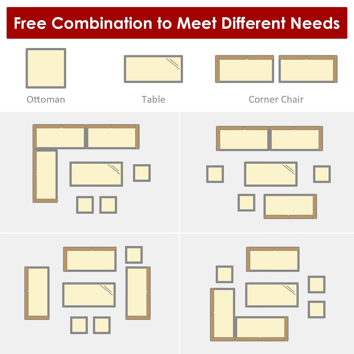 Ensemble de salle à manger d'extérieur Costway 7 pièces en rotin, comprenant canapé d'angle, pouf et fauteuil - Voir les détails