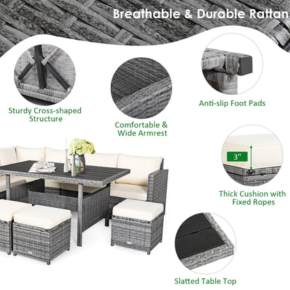 Ensemble de salle à manger d'extérieur Costway 7 pièces en rotin, comprenant canapé d'angle, pouf et fauteuil - Voir les détails