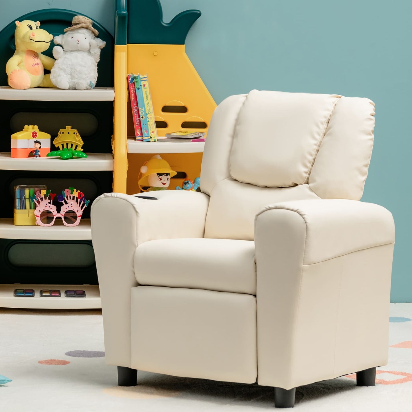 Fauteuil inclinable pour enfants Costway, canapé avec accoudoirs en cuir PU et repose-pieds.