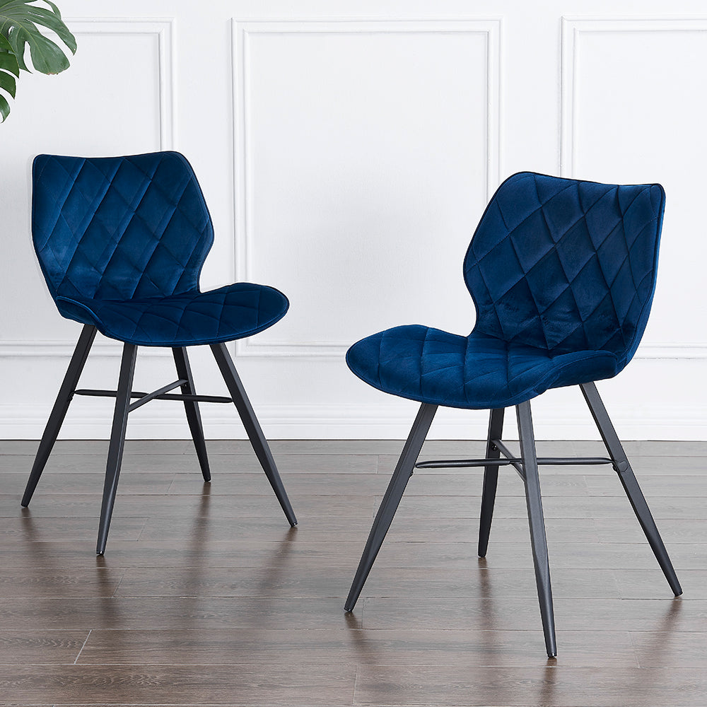 Lot de 2 chaises de salle à manger Ampney en velours à motif diamant avec pieds en métal (velours bleu)