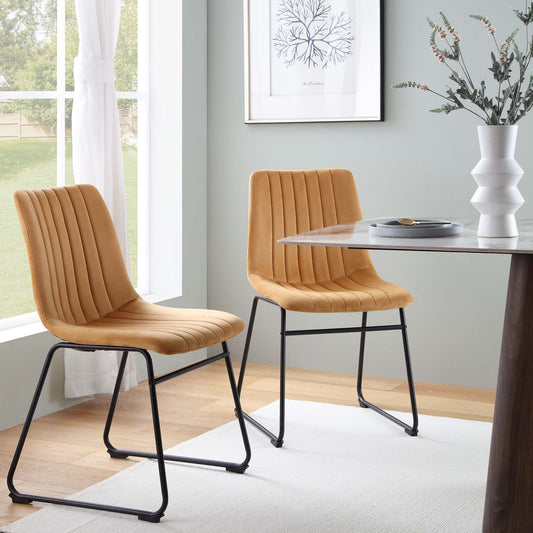 Ensemble de 2 chaises de salle à manger cannelées en velours jaune moutarde Sutton avec cadre en métal