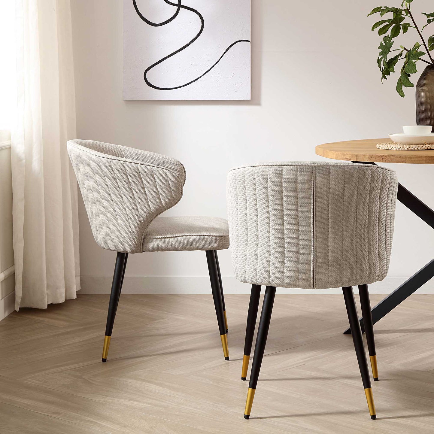 Ensemble de 2 chaises de salle à manger Carver en tissu tissé couleur avoine avec dossier cannelé