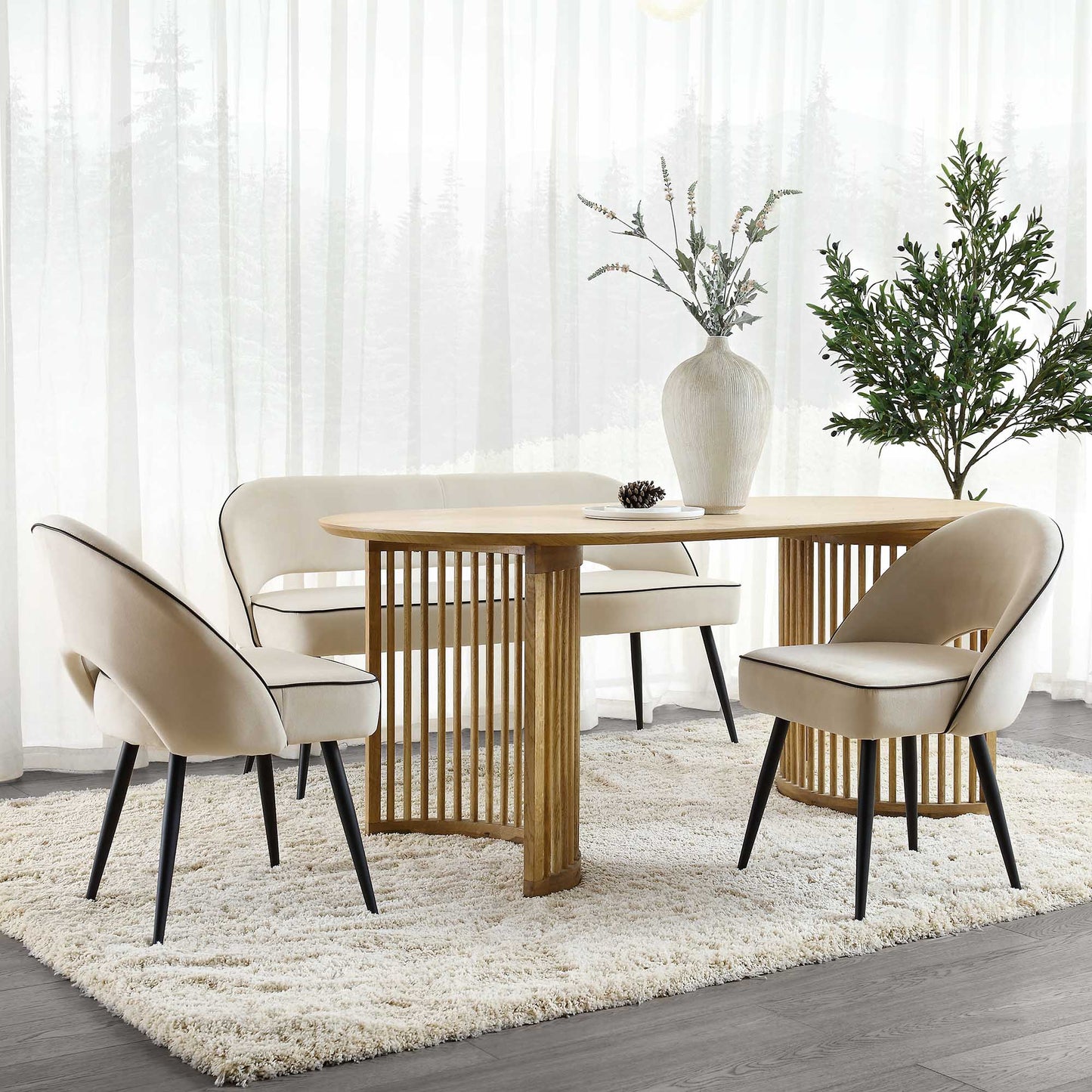 Banc de salle à manger 3 places rembourré en velours champagne Oakley avec passepoil contrasté