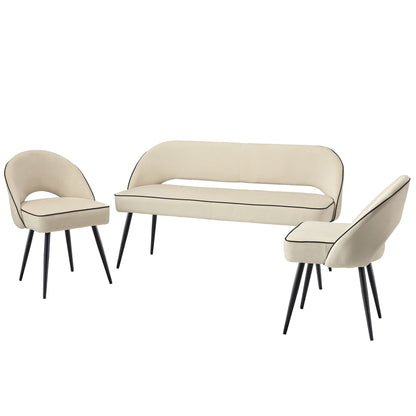 Banc de salle à manger 3 places rembourré en velours champagne Oakley avec passepoil contrasté