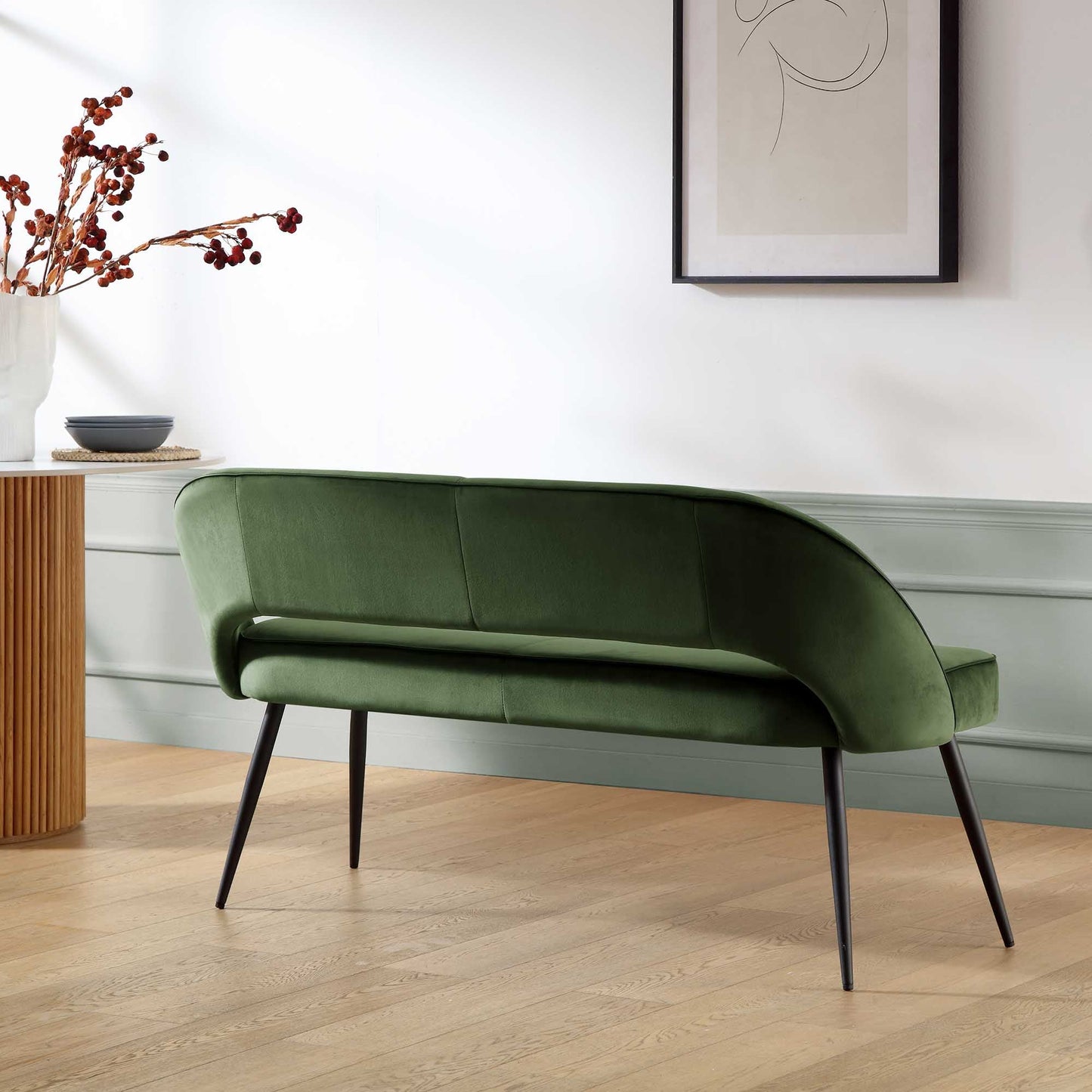 Banc de salle à manger 3 places Oakley en velours vert foncé avec passepoil contrasté