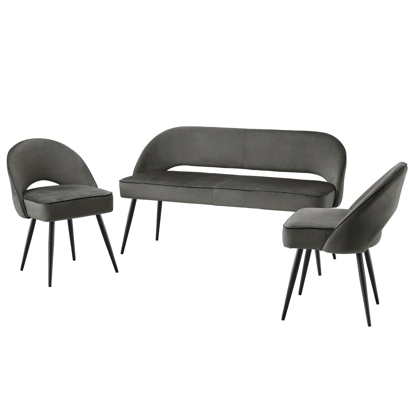 Banc de salle à manger 3 places Oakley en velours gris foncé avec passepoil contrasté