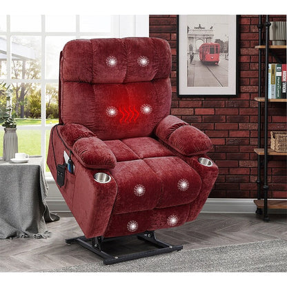 Fauteuil releveur motorisé OKIN à double système de levage pour seniors, avec chauffage, massage, inclinaison à 180° et dossier/repose-pieds réglables.