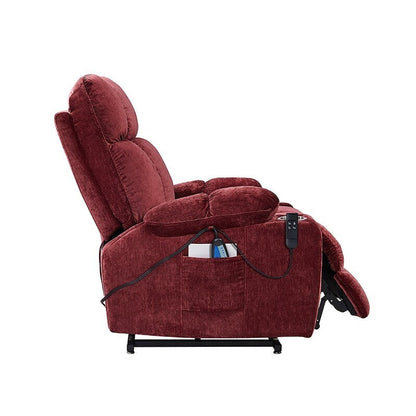 Fauteuil releveur motorisé OKIN à double système de levage pour seniors, avec chauffage, massage, inclinaison à 180° et dossier/repose-pieds réglables.