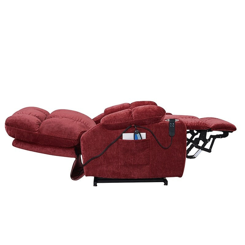 Fauteuil releveur motorisé OKIN à double système de levage pour seniors, avec chauffage, massage, inclinaison à 180° et dossier/repose-pieds réglables.