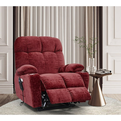 Fauteuil releveur motorisé OKIN à double système de levage pour seniors, avec chauffage, massage, inclinaison à 180° et dossier/repose-pieds réglables.